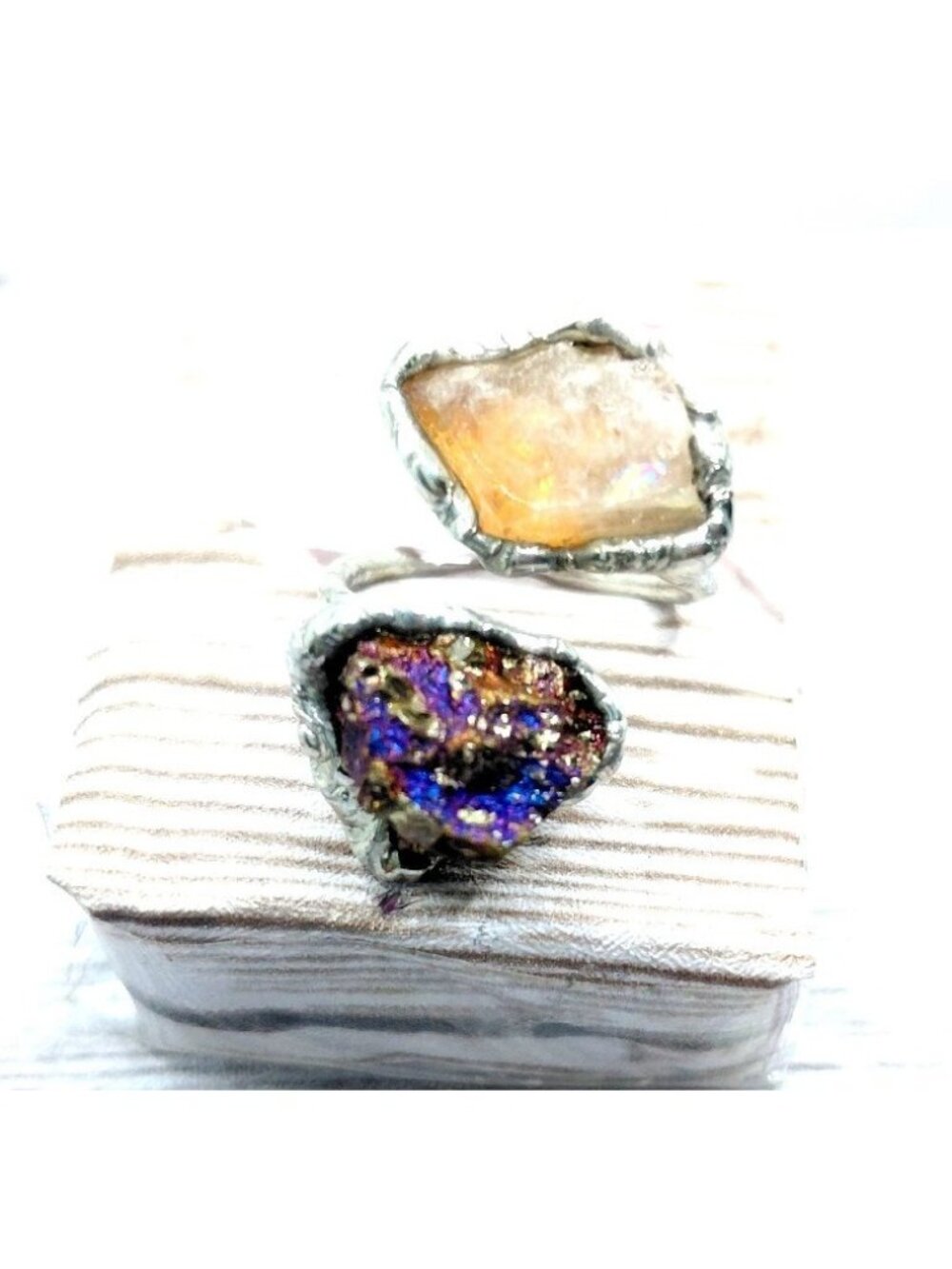 Rainbow peacock ore and raw moonstone crystal Ring adjustable fantasy style jewe